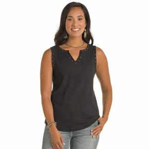 Panhandle Women's Black Studded Notch Neck Tee