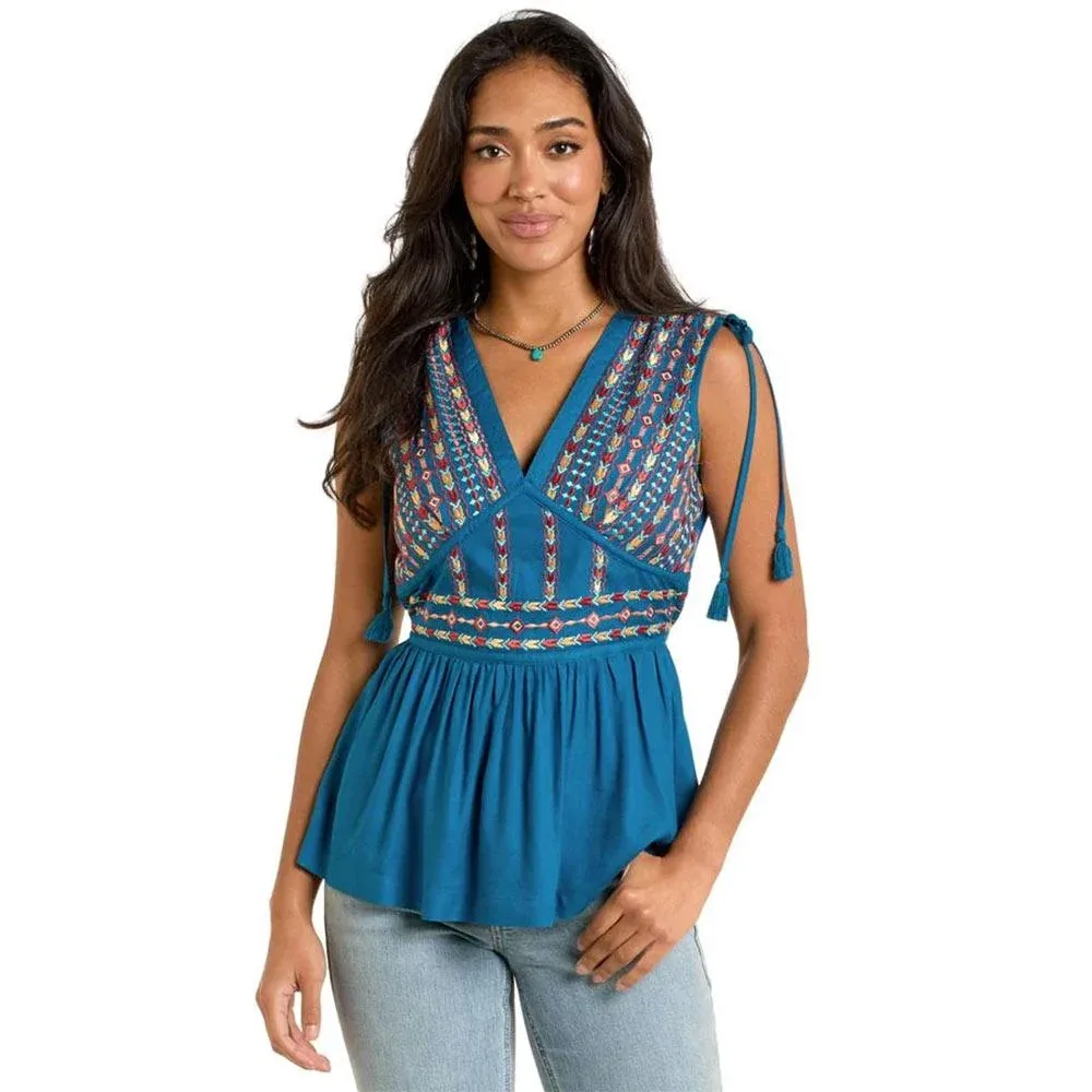Panhandle Women's Teal Cinched Embroidery Top
