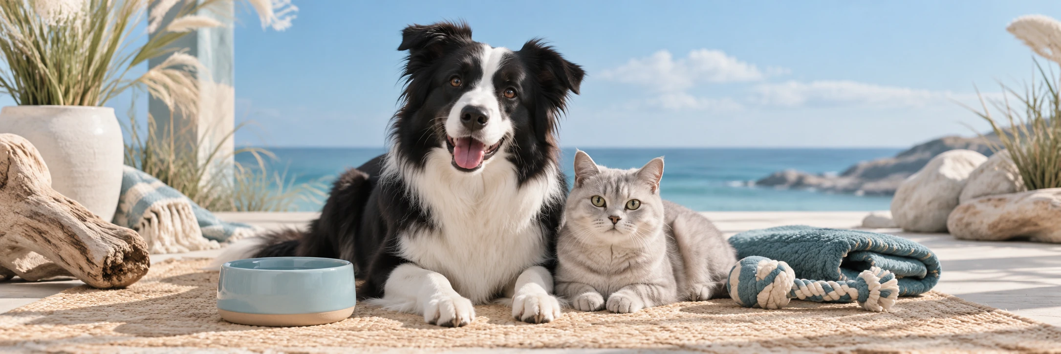 A border collie and grey cat beside pet accessories in a light coastal-inspired setting.