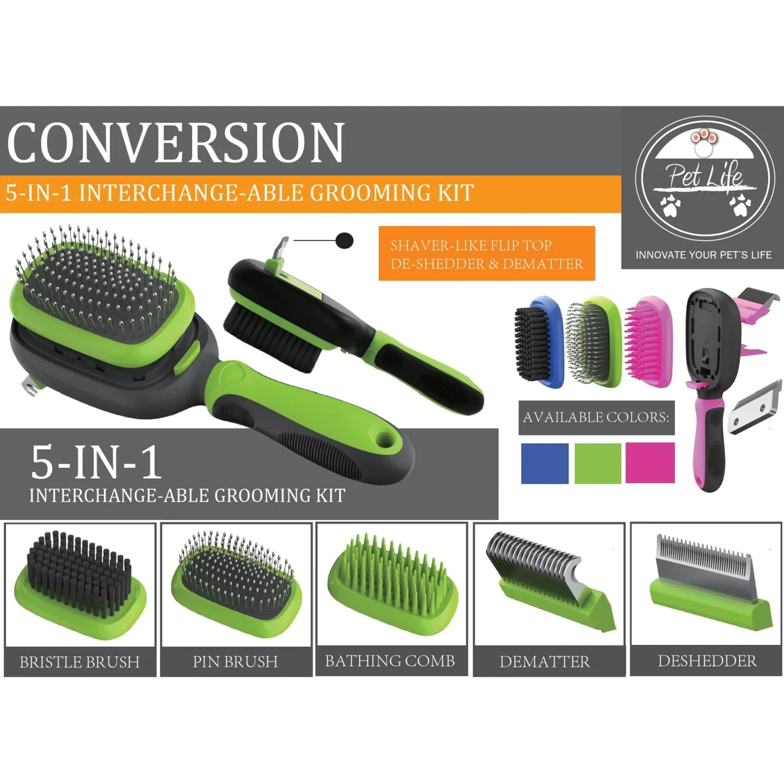 Pet Life ® 'Conversion' 5-in-1 Interchangeable Dematting and Deshedding Bristle Pin and Massage Grooming Pet Comb - Image 2