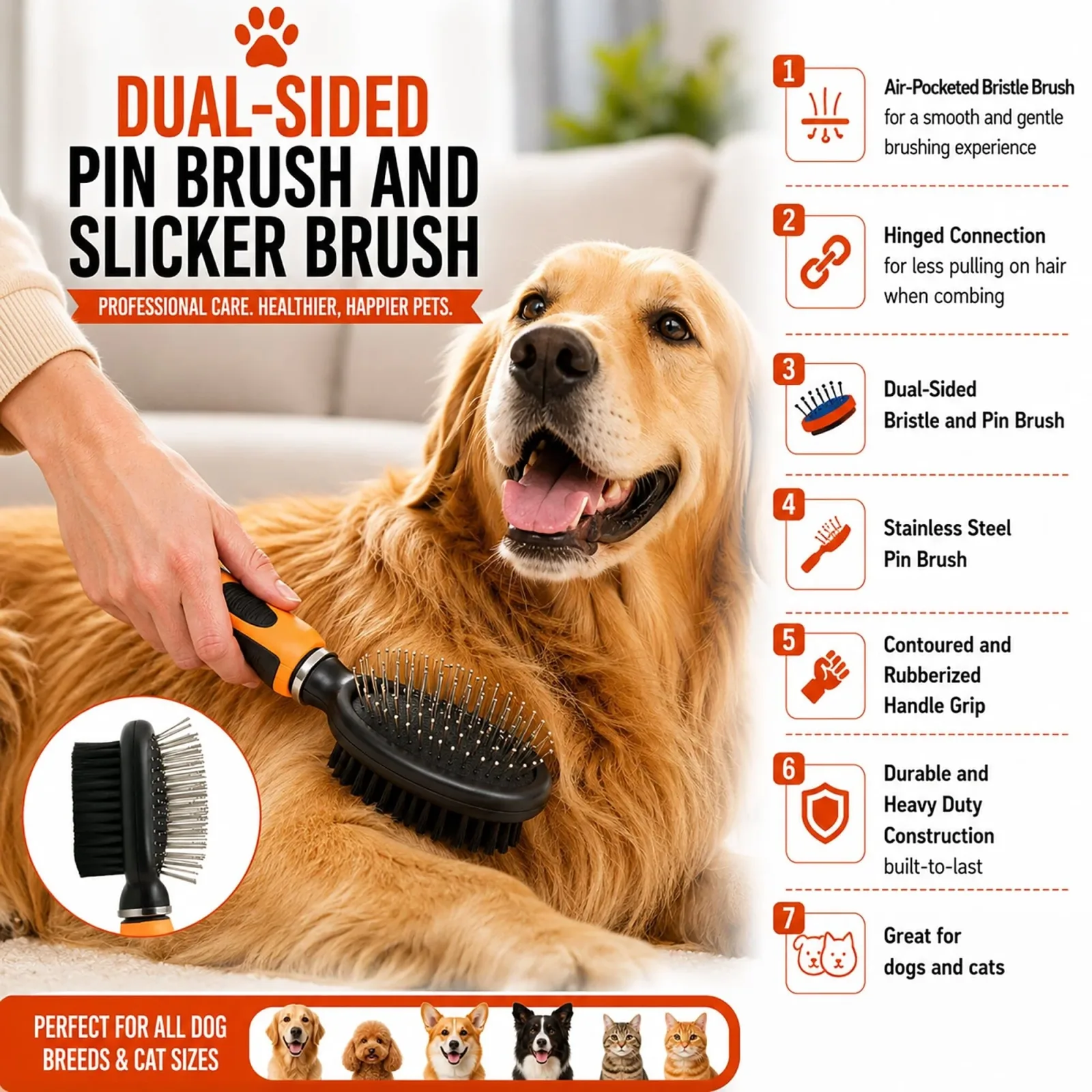 Pet Life ® Flex Series 2-in-1 Dual-Sided Pin and Bristle Grooming Pet Brush - Image 2