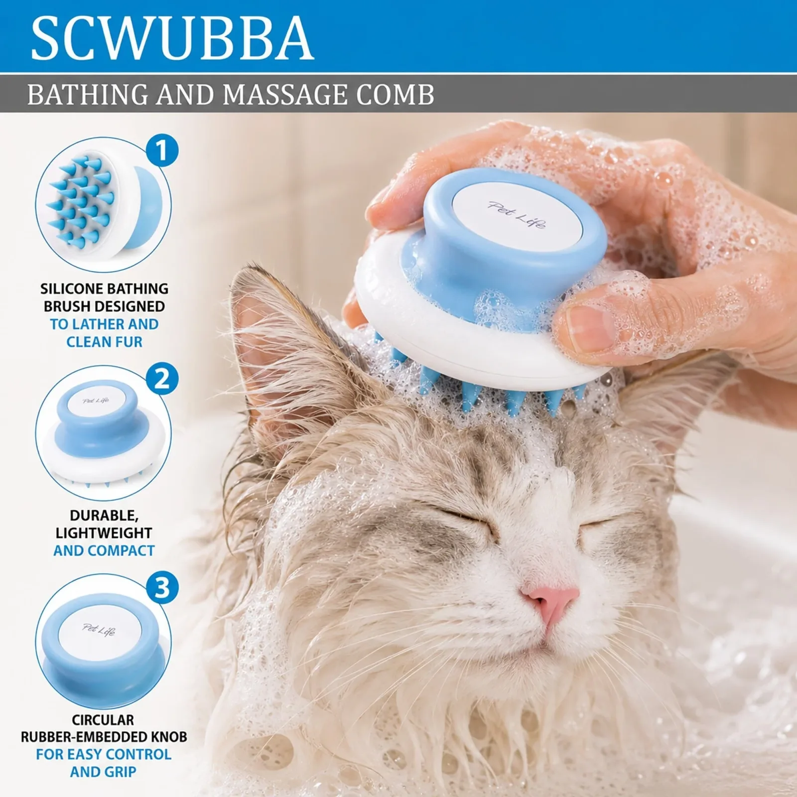 Pet Life ® 'Scwubba' Handheld Bathing Brushing and Massaging Soft Flexible Grooming Pet Comb - Image 2