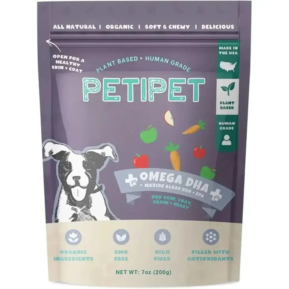 PETIPET Omega DHA Bites with Marine Algae DHA + EPA Apple & Carrot Flavored Soft Chew Brain & Heart Health Supplement for Dogs 7oz