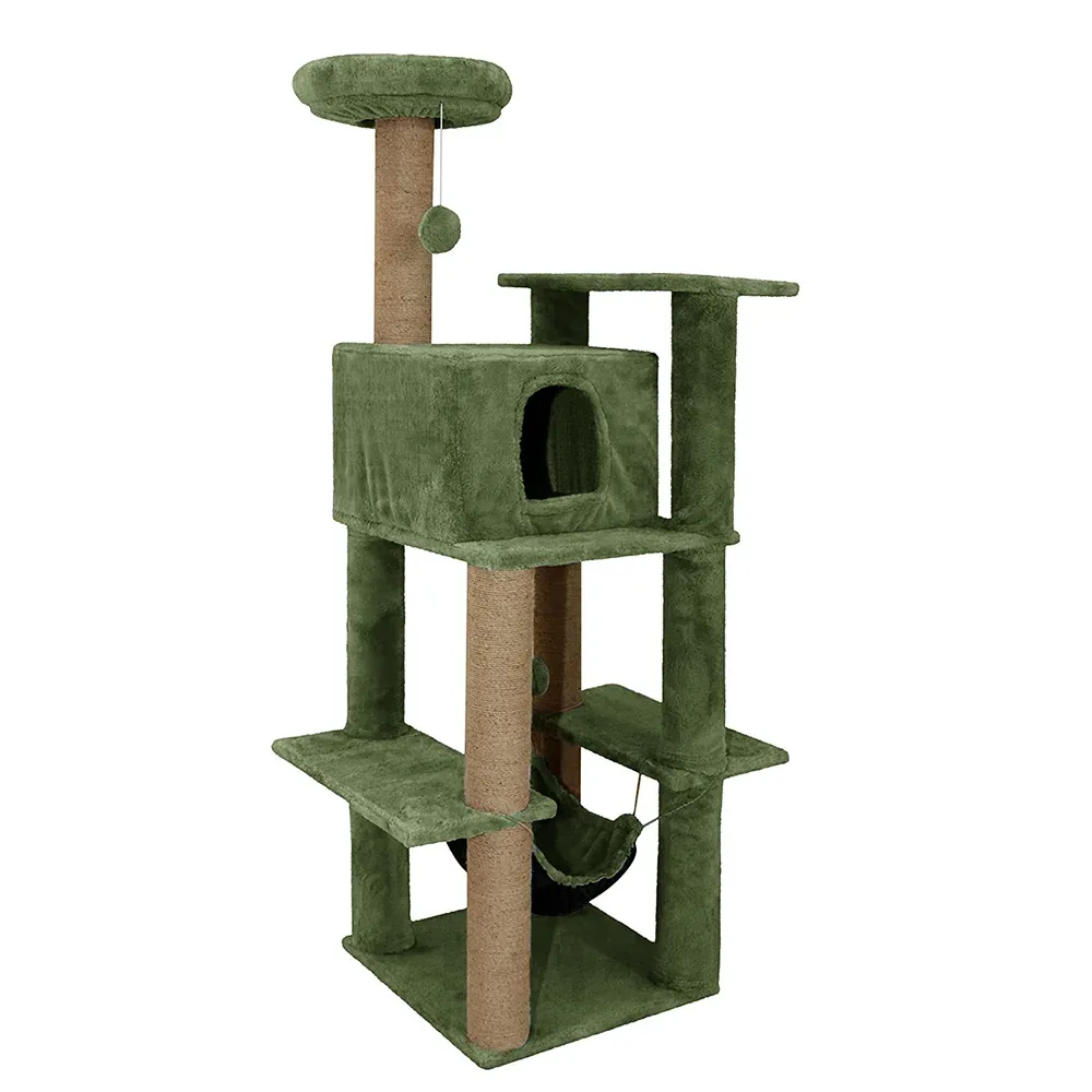 Furrlovers Multilevel Soft Fur Cat Tree with Condo, Hammock & Sisal Scratching Posts (Green) - Image 2