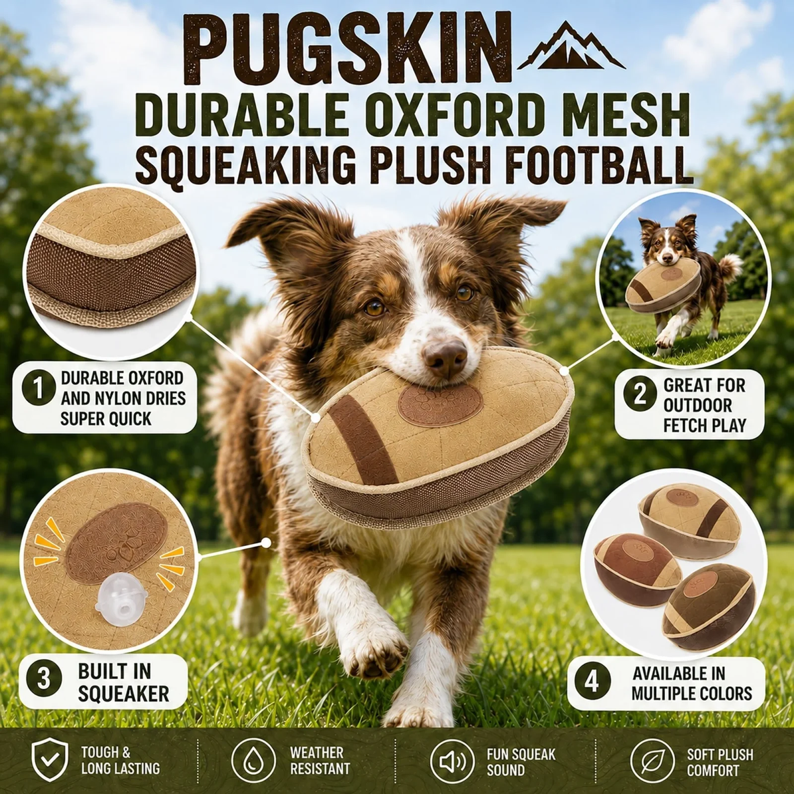 Pet Life ® 'Pugskin' Durable Oxford Nylon and Mesh Plush Squeaky Football Dog Toy - Image 2