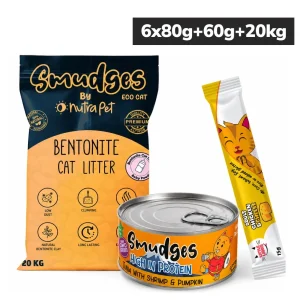 Smudges Tuna Flakes Shrimp & Pumpkin Wet Food and Little Licks Chicken & Cheese Treats and Bentonite Litter for Cats