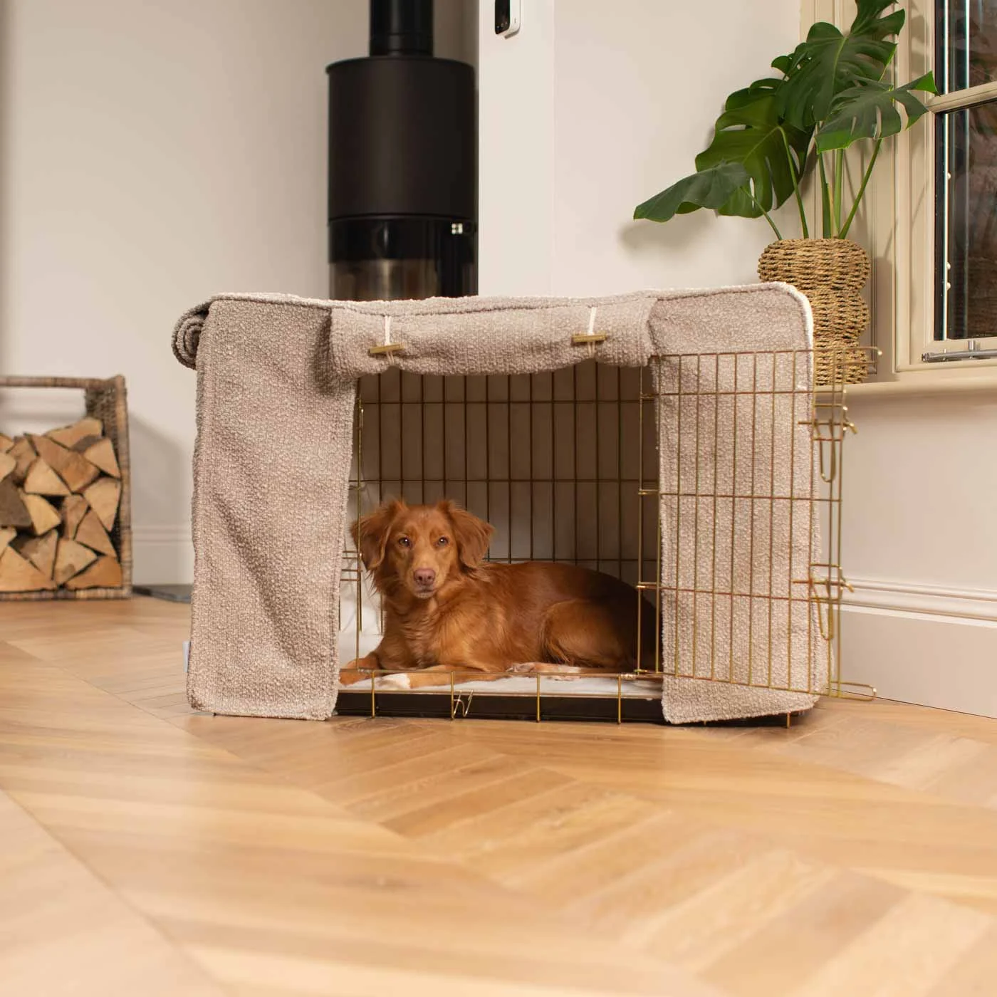 Dog Crate with Crate Cover in Mink Bouclé by Lords & Labradors