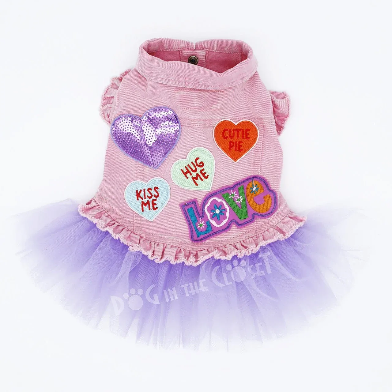 Candy Hearts Purple Denim Dog Jacket with Tutu - Image 2