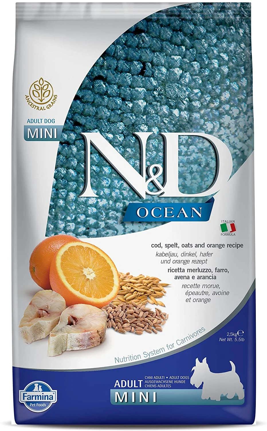 Farmina Ancestral Grain Ocean Codfish & Orange Mini Adult Dry Dog Food - 5.5 lb Bag