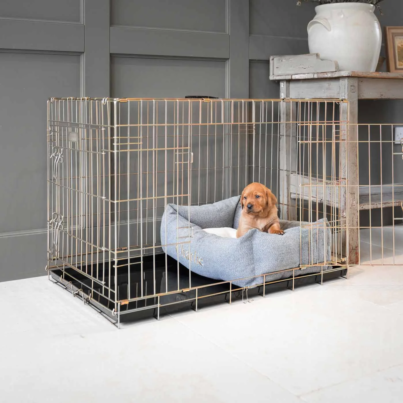 Dog Crate with Cosy & Calming Puppy Crate Bed in Pewter Herringbone by Lords & Labradors
