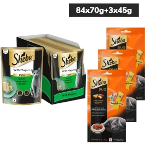 Sheba Maguro Pate Wet Food and Duo Tuna & Chicken, Salmon & Tuna, Chicken & Salmon Crunchy Treats Combo for Adult Cat