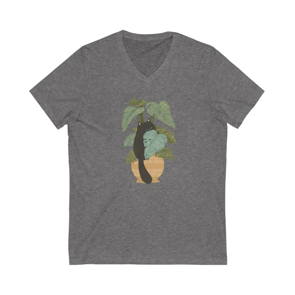 Tropical Jungle Cats & Plants Jersey V-Neck Tee - Image 2