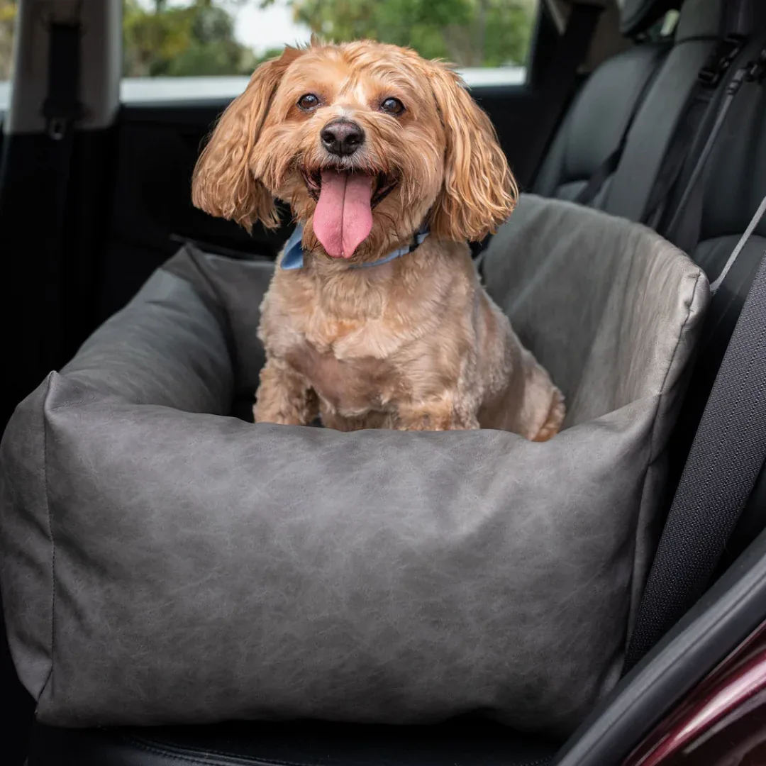 PupProtector™ Faux Cool-to-Touch Vegan Leather Memory Foam Dog Car Bed - Slate Gray - Image 2