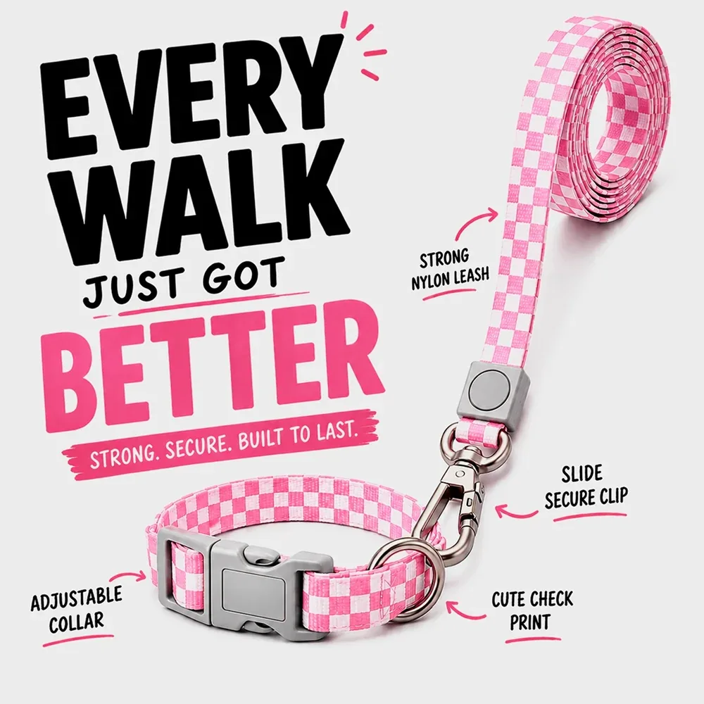 Talking Dog Club Checkmate Leash and Collar Combo (Pink) - Image 2