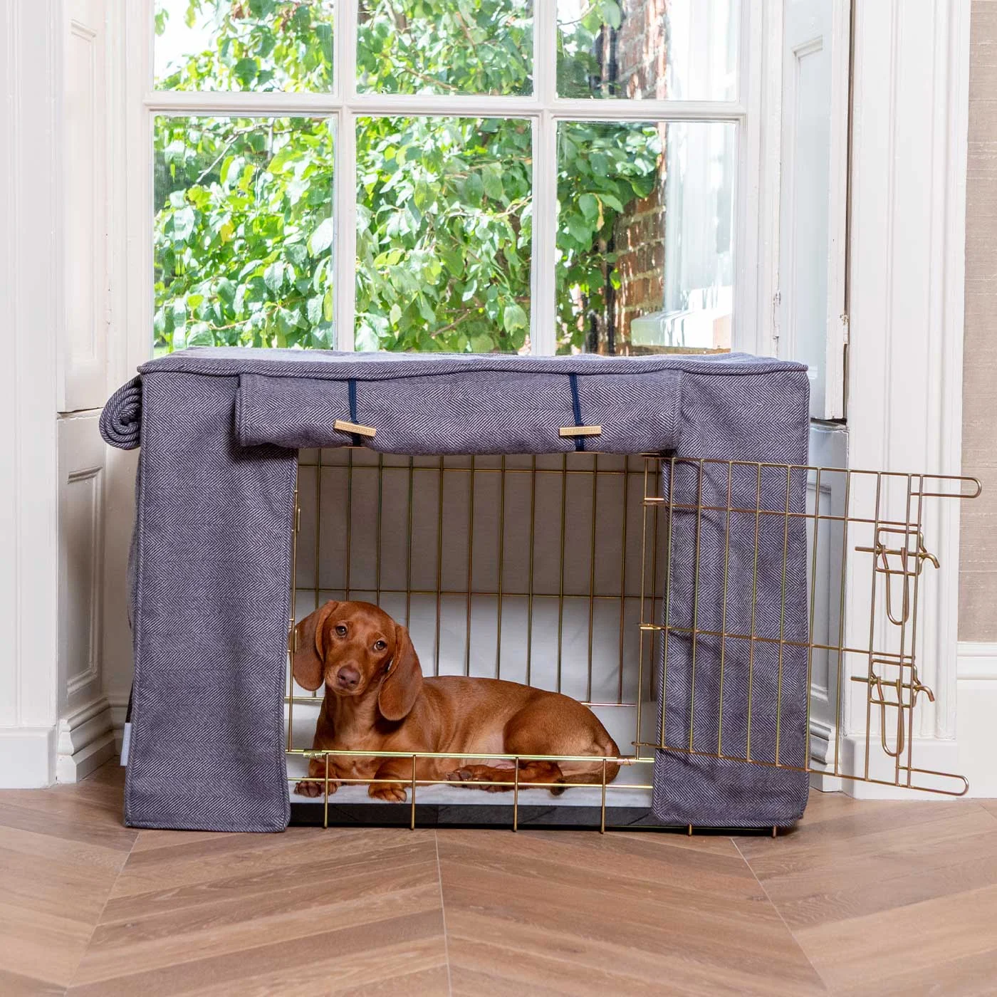 Dog Crate with Crate Cover in Oxford Herringbone by Lords & Labradors