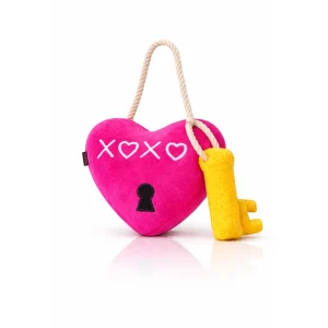 Pawgypets Heart Lock Key Plush with Rope Toy for Dogs (Hot Pink & Yellow)
