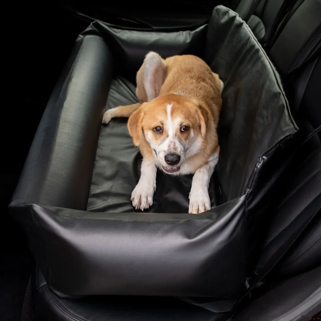 PupProtector™ Faux Cool-to-Touch Vegan Leather Memory Foam Dog Car Bed - Black - Image 2
