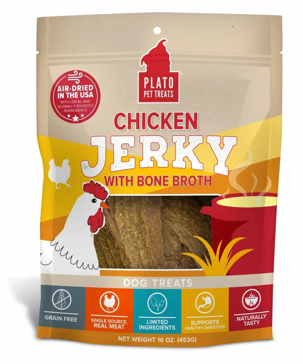 Plato Chicken Jerky with Bone Broth Air-Dried Dog Treats - Grain-Free, 40% Protein (7 oz & 16 oz) - Image 2