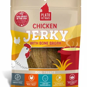Plato Chicken Jerky with Bone Broth Air-Dried Dog Treats - Grain-Free, 40% Protein (7 oz & 16 oz)