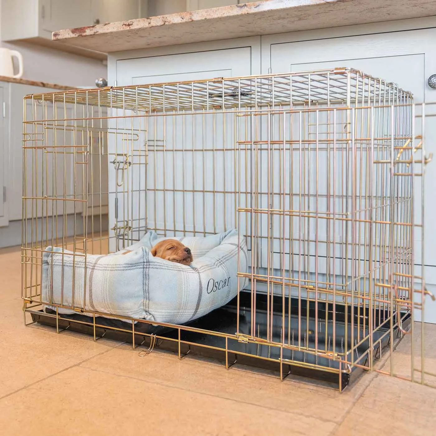 Dog Crate with Cosy & Calming Puppy Crate Bed in Balmoral Duck Egg Tweed by Lords & Labradors