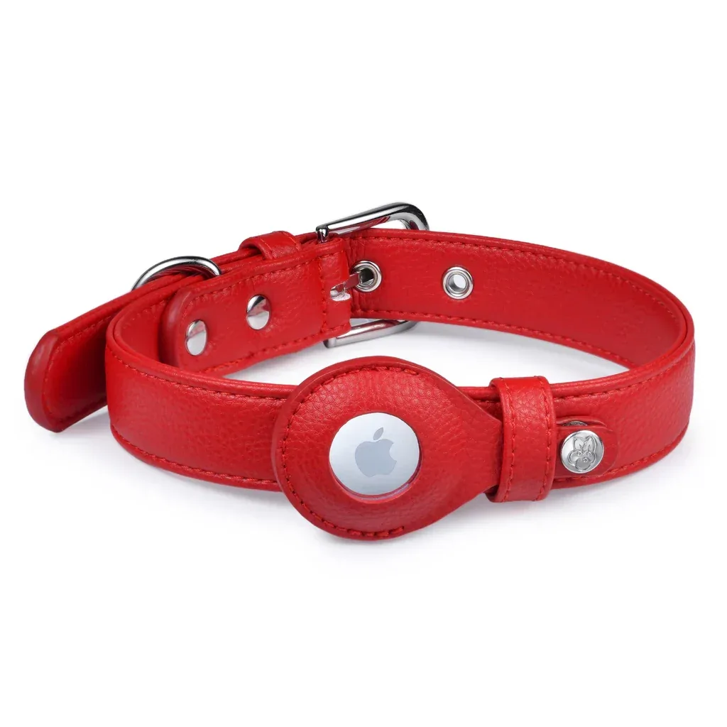 Vegan Leather Airtag Dog Collar in Red