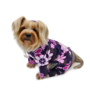Midnight Garden Fleece Turtleneck Pajamas for Dogs - Violet Floral Dog PJs by Klippo Pet