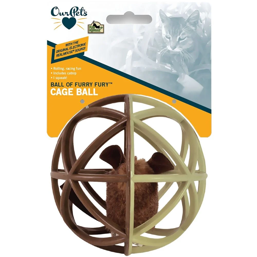 OurPets Play-N-Squeak Cage Ball Cat Toy - Ball of Furry Fury