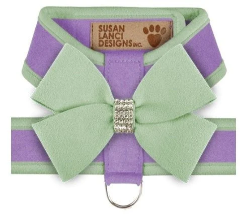 Susan Lanci Two Tone Nouveau Bow Tinkie Harness in French Lavender and Mint with Matching Leash