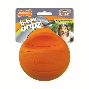 Nylabone Power Play B-Ball Gripz Basketball Interactive Fetch Chew and Squeak Rubber Dog Toy - Orange