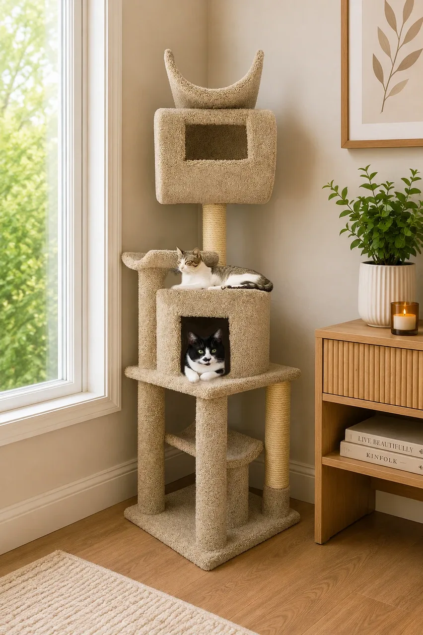 6 Ft Tall Cat Tree with Condo, Tunnel & Hammock | Compact Multi-Level Cat Tower