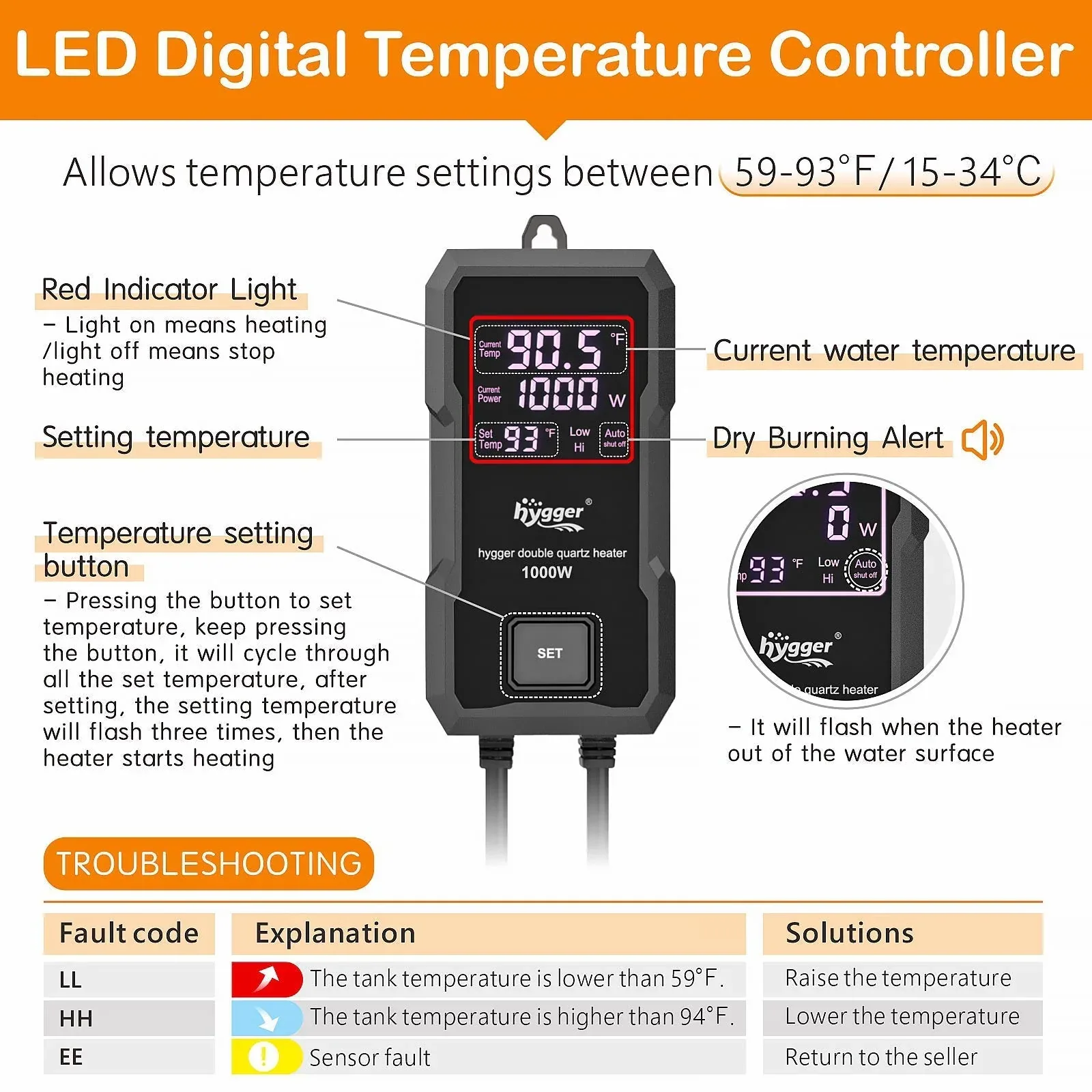 Hygger - Quartz Aquarium Heater with Digital LED Controller - Image 2