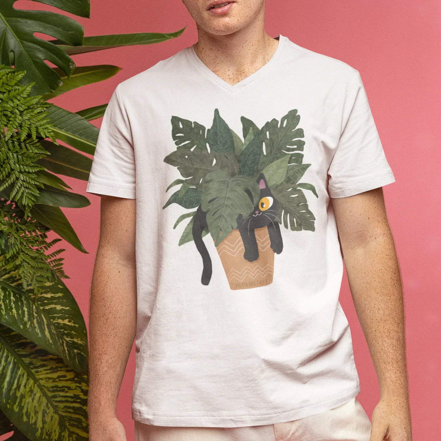 Jungle Cats & Plants Jersey V-Neck T-Shirt - Image 2