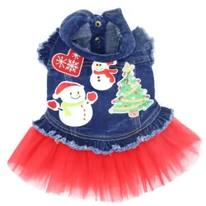 Christmas Snowmen Denim Dog Jacket with Tutu