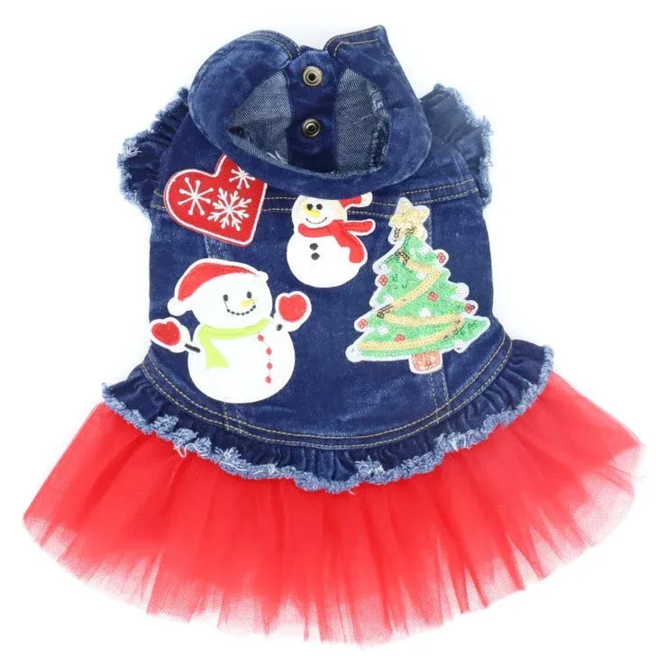 Christmas Snowmen Denim Dog Jacket with Tutu