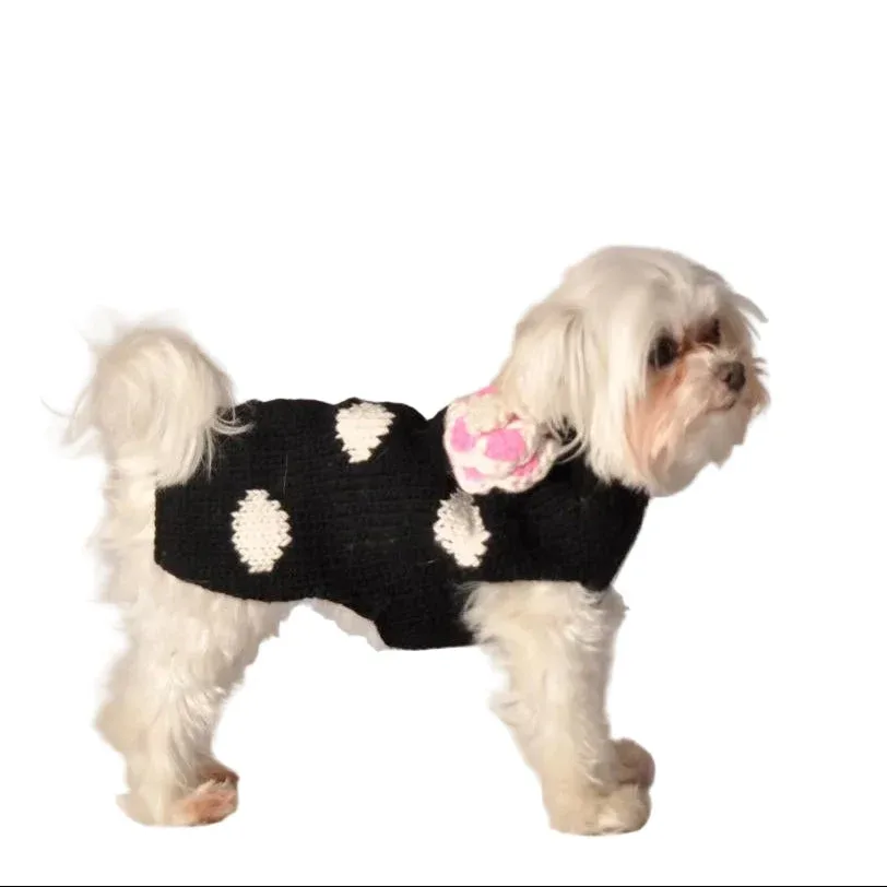 Black Polka Dot Pink Flower Dog Sweater - Image 2