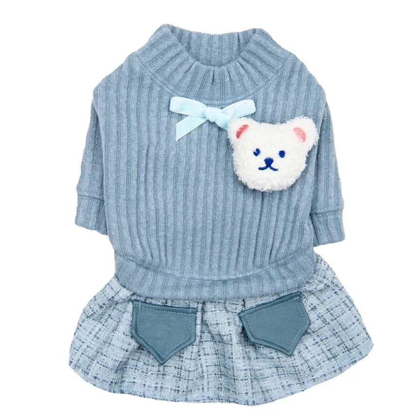 Zoe Dog Dress Corduroy w/ Plush Bear in Blue - Image 2