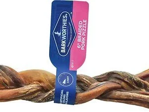 Barkworthies Pork Pizzle 6" Braided Dog Chew Treat - 30 ct Case