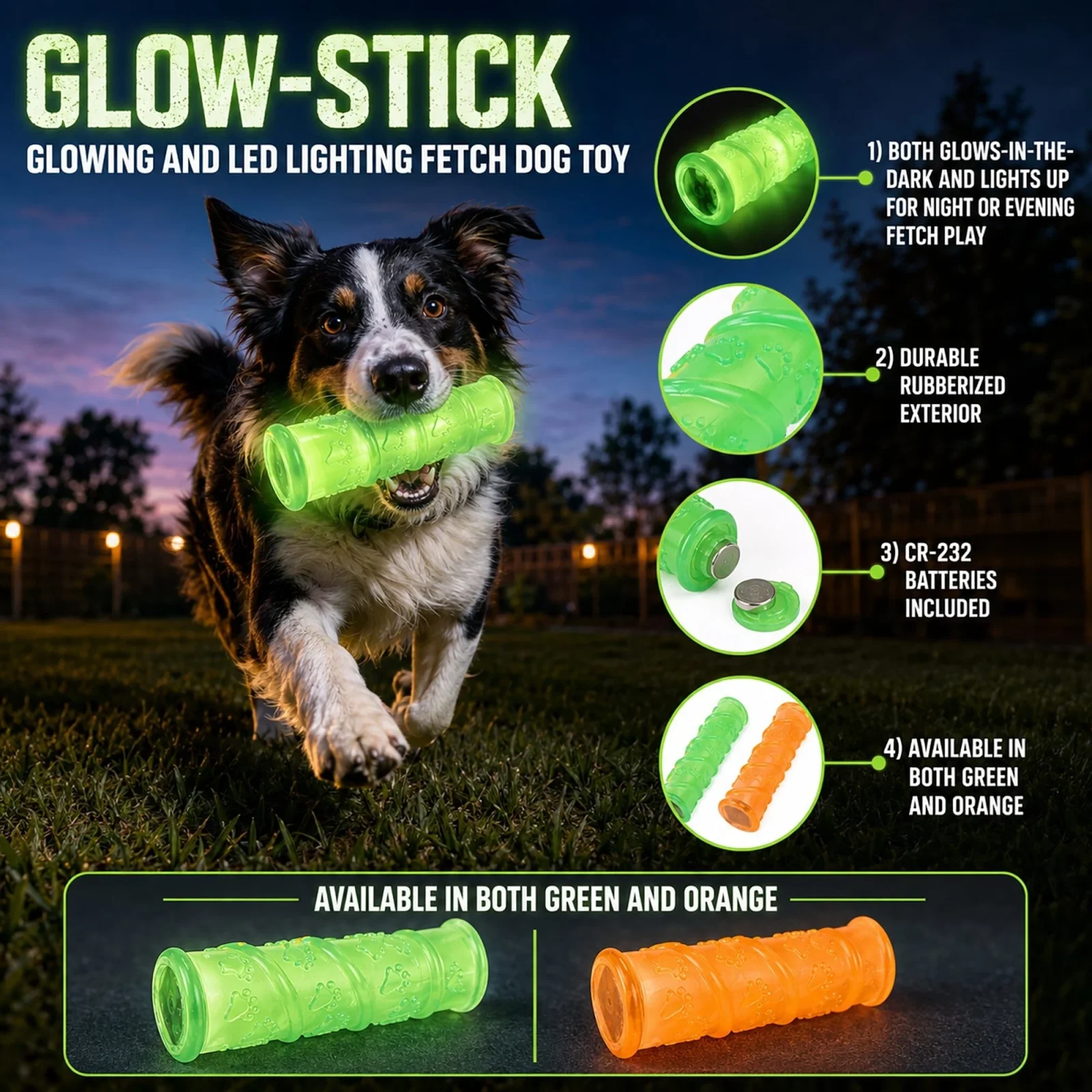 Pet Life ® 'Glow-Stick' TPR and LED Lighting Squeak and Chew Dog Toy - Image 2