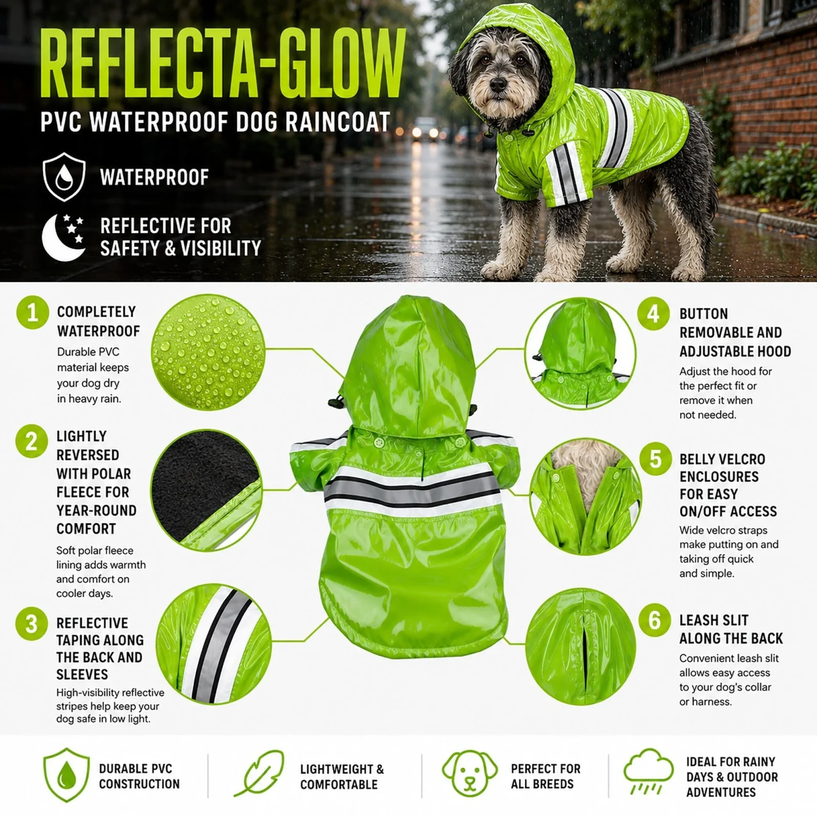 Pet Life ® 'Reflecta-Glow' Reflective Waterproof Adjustable Dog Raincoat Jacket w/ Removable Hood - Image 2