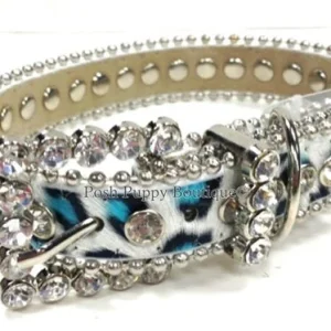 Couture Clear Crystal and Leather Dog Collar in Aqua Snow Leopard