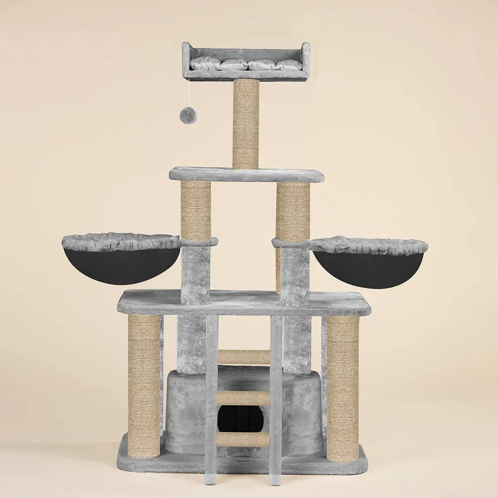 Furrlovers Fur Fabric Cat Tree with Hammocks, Condo & Jute Rope Scratching Posts (Grey)