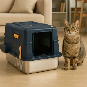 Smart Pet Covered Stainless Steel Litter Box for Cats (Black)