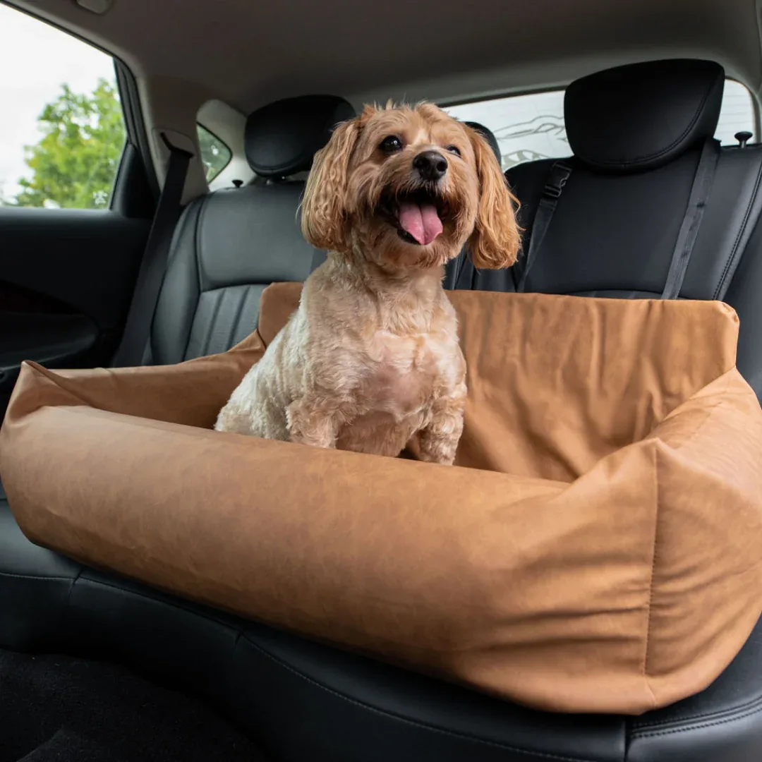PupProtector™ Faux Cool-to-Touch Vegan Leather Memory Foam Dog Car Bed - Camel - Image 2