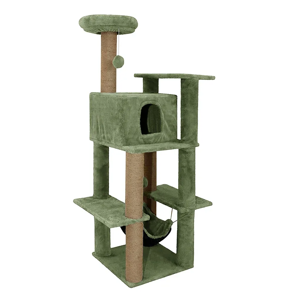 Furrlovers Multilevel Soft Fur Cat Tree with Condo, Hammock & Sisal Scratching Posts (Green)
