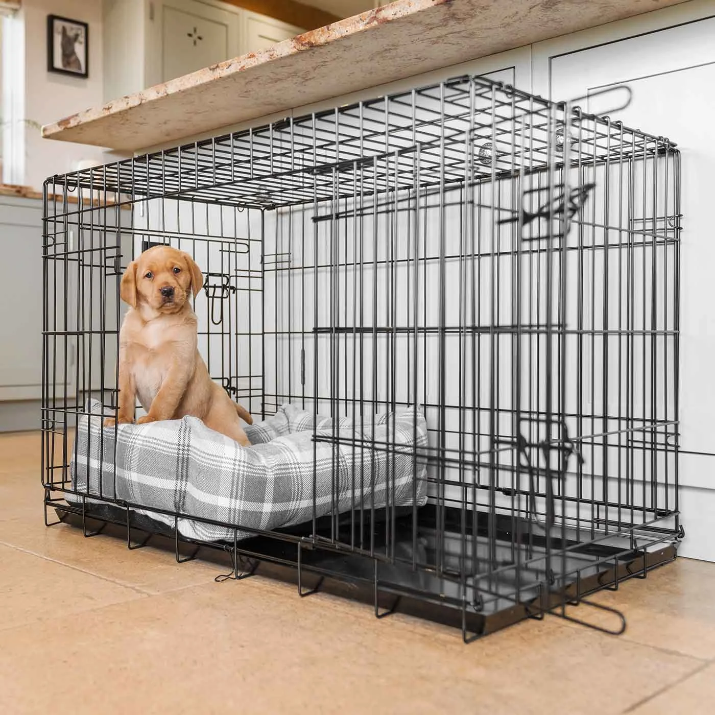 Dog Crate with Cosy & Calming Puppy Crate Bed in Balmoral Dove Grey Tweed by Lords & Labradors - Image 2