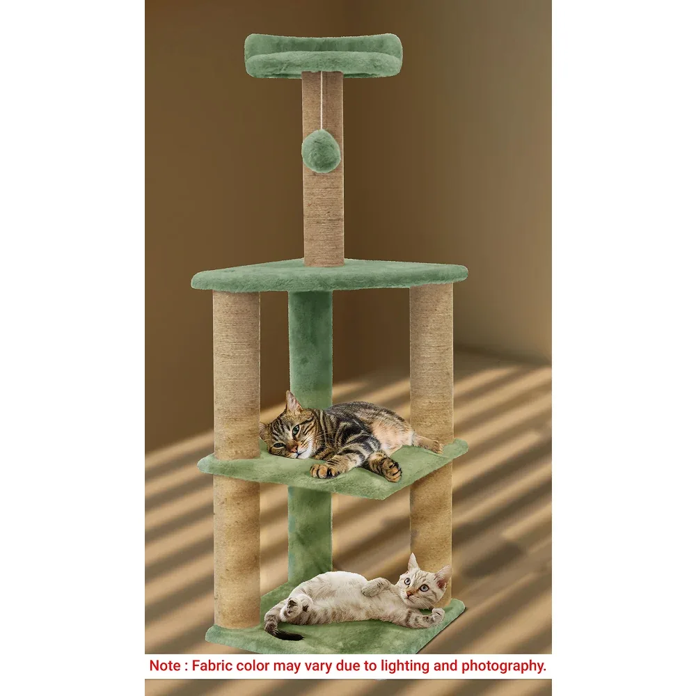 Furrlovers Three Floor Soft Fur Activity Cat Tree for Kittens & Cats with Scratching Post, Natural Sisal Rope & Hanging Ball (Green)