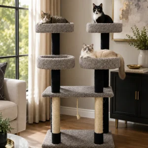 Black Cat Tree for Large Cats – Heavy-Duty Solid Wood Tower