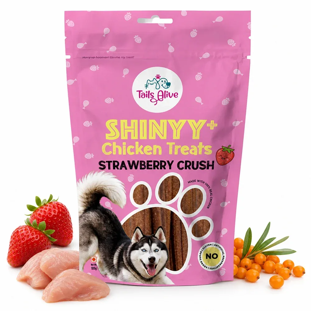 Tails Alive Shinyy+ Strawberry Crush Chicken Chew Sticks for Dogs
