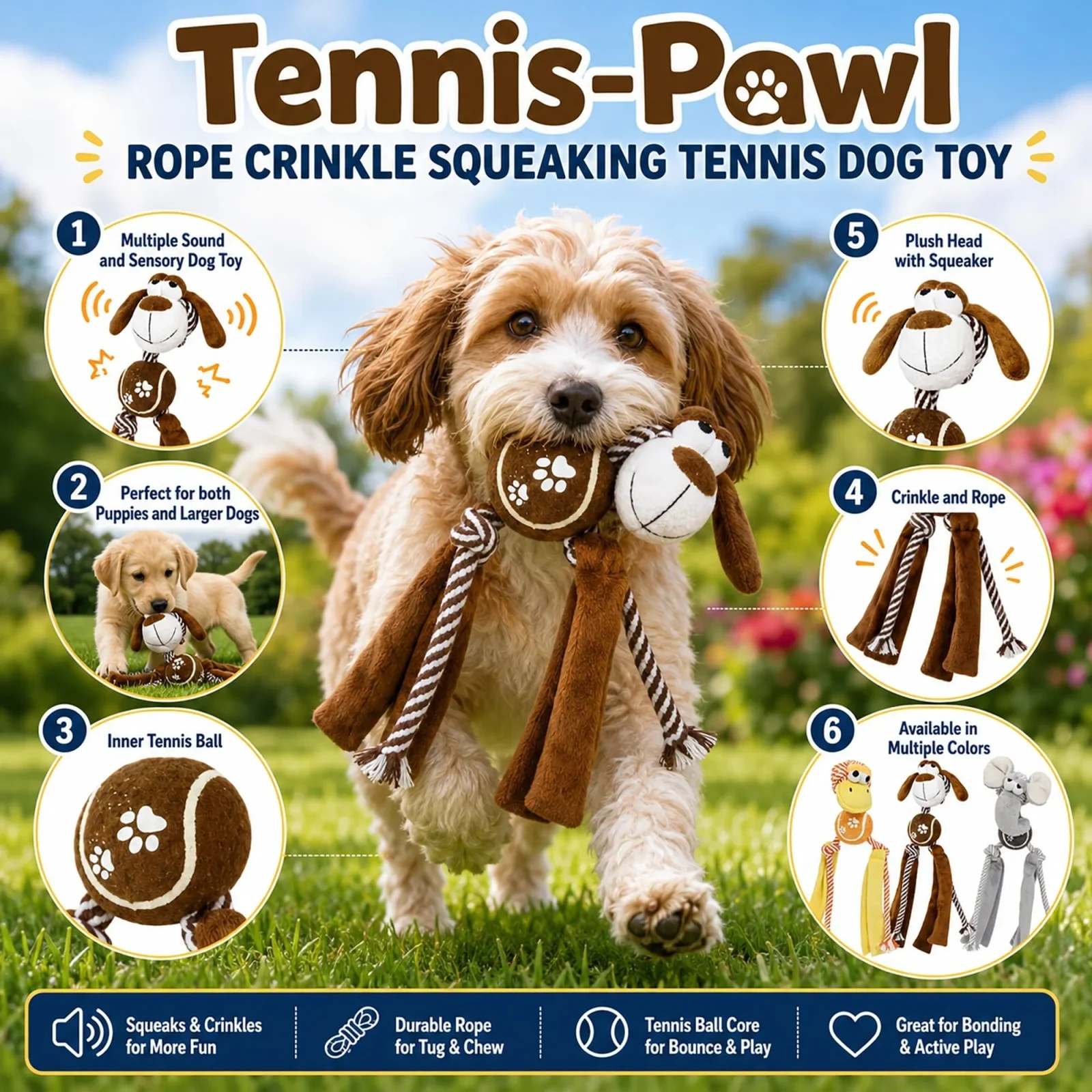 Pet Life ® 'Tennis Pawl' Rope Squeaker and Crinkle Tennis Dog Toy - Image 2
