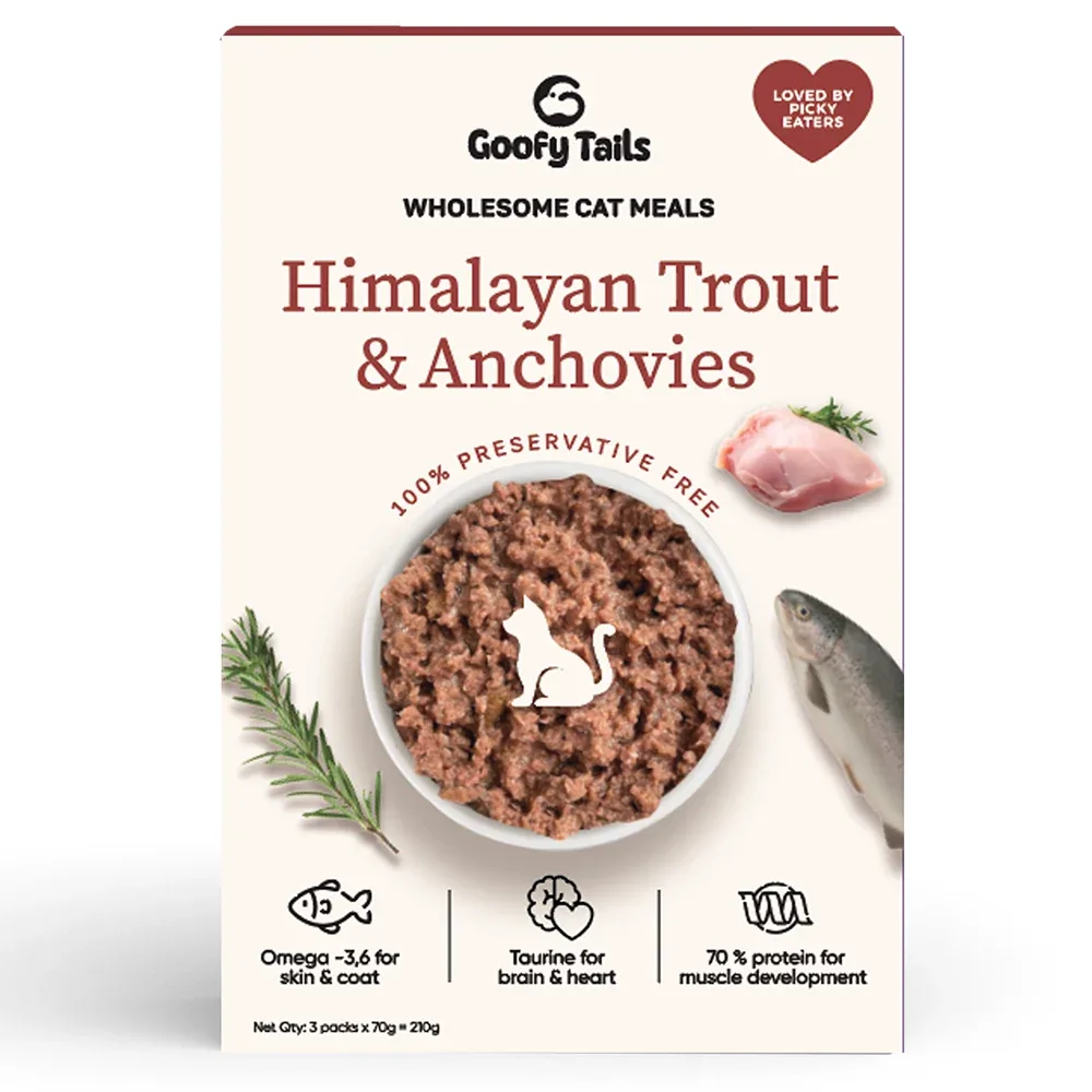 Goofy Tails Mackerel & Chicken and Himalayan Trout & Anchovies Meals and Chicken Bone Broth 100ml Combo for Cats - Image 2
